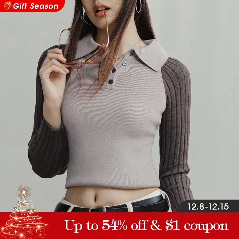 Maden Casual Spliced Knitted Sweater Button Slim Fit Bottoming Versatile Sweater Collar Women\'s Pullover for Spring and Autumn