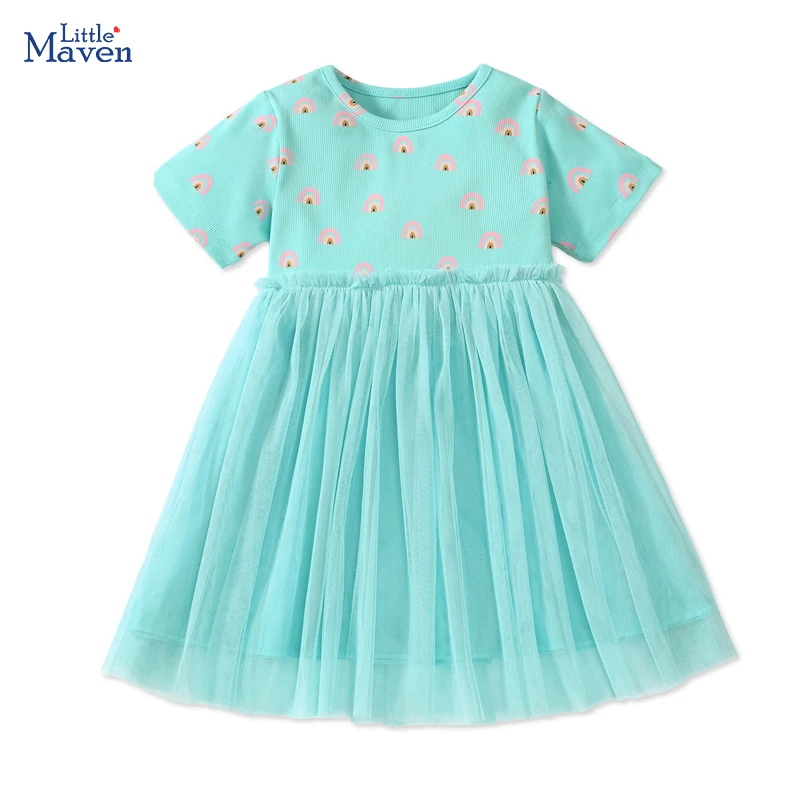 Little maven 2024 Summer Party Children \'s Clothing Kid Girly Clothes Baby Girls Cotton Cartoon Rainbow Kids Dresses Vestidos