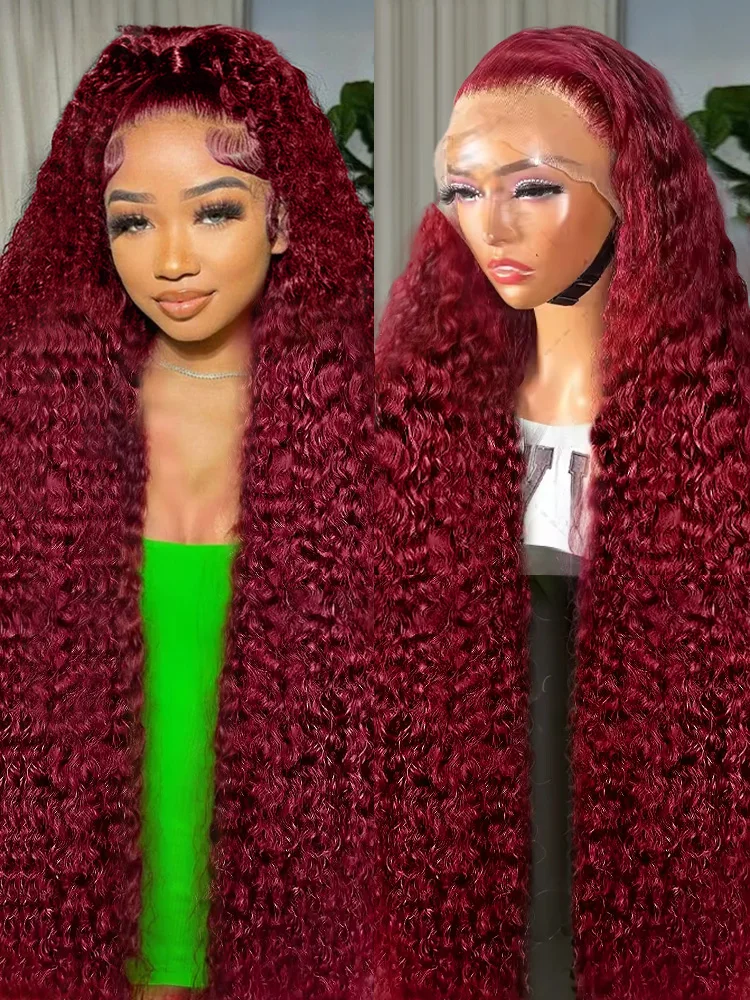 99J Burgundy Deep Wave High Density 13x6 Lace Front Wig Curly Red Colored 13x4 HD Transparent Lace Frontal Human Hair Wigs