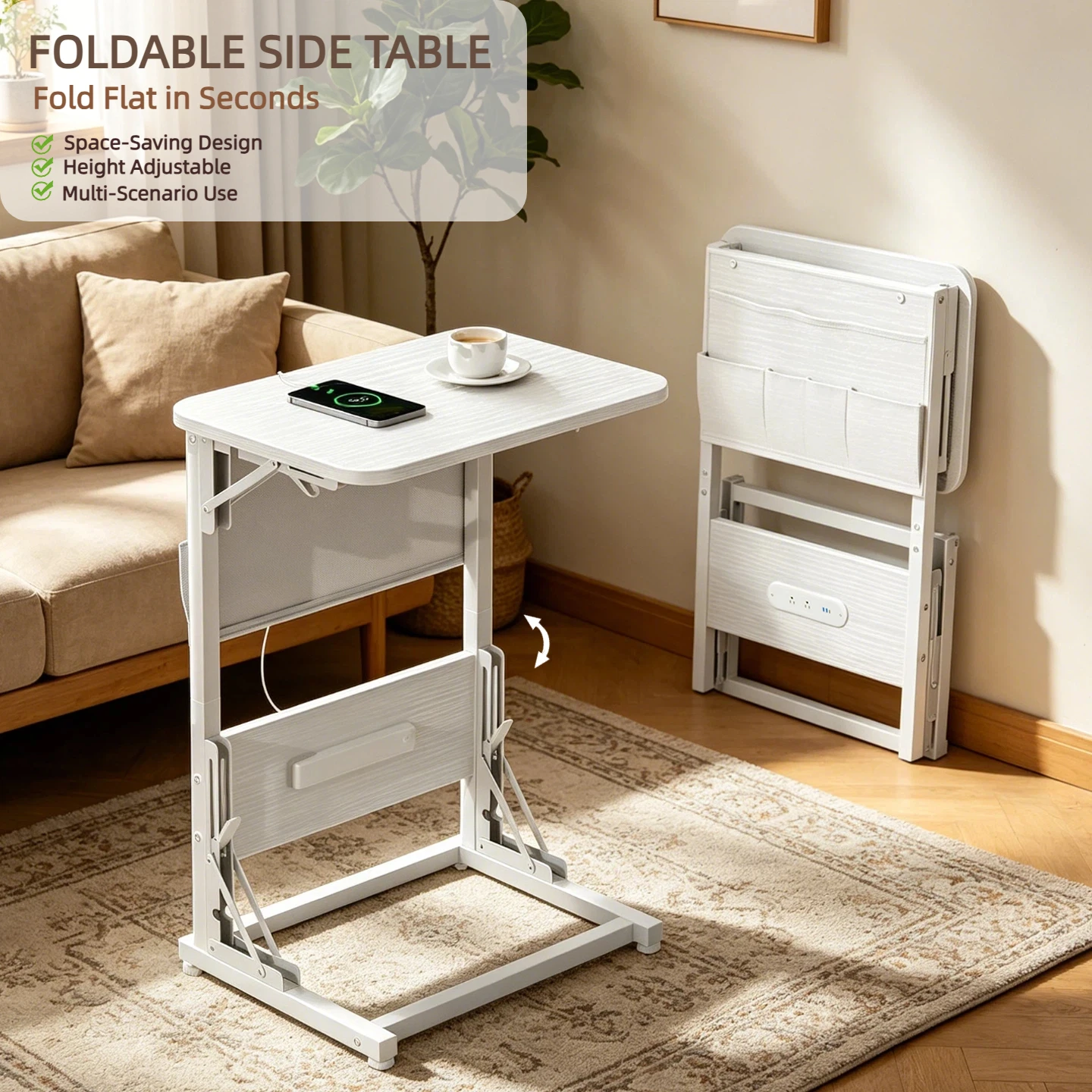 FRODROVIA Folding Side Table with Builtin Power Outlet, C Shaped End Table with Fabric Storage Pocket, Waterproof EasytoClean Tabletop, Adjustable Spiral Feet, Available in Black White Brown for So image 5