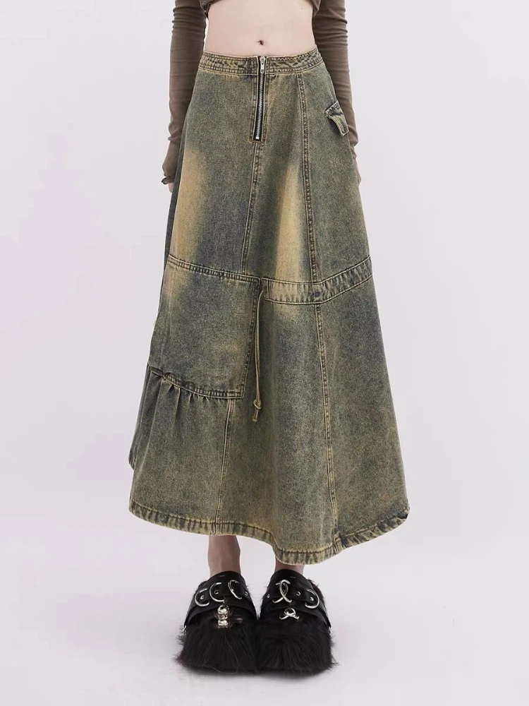 Y2k Harajuku Vintage Skirts High Waist Patchwork Folds Draw String Zipper Long Denim Skirt Streetwear Loose Women Clothing 2024