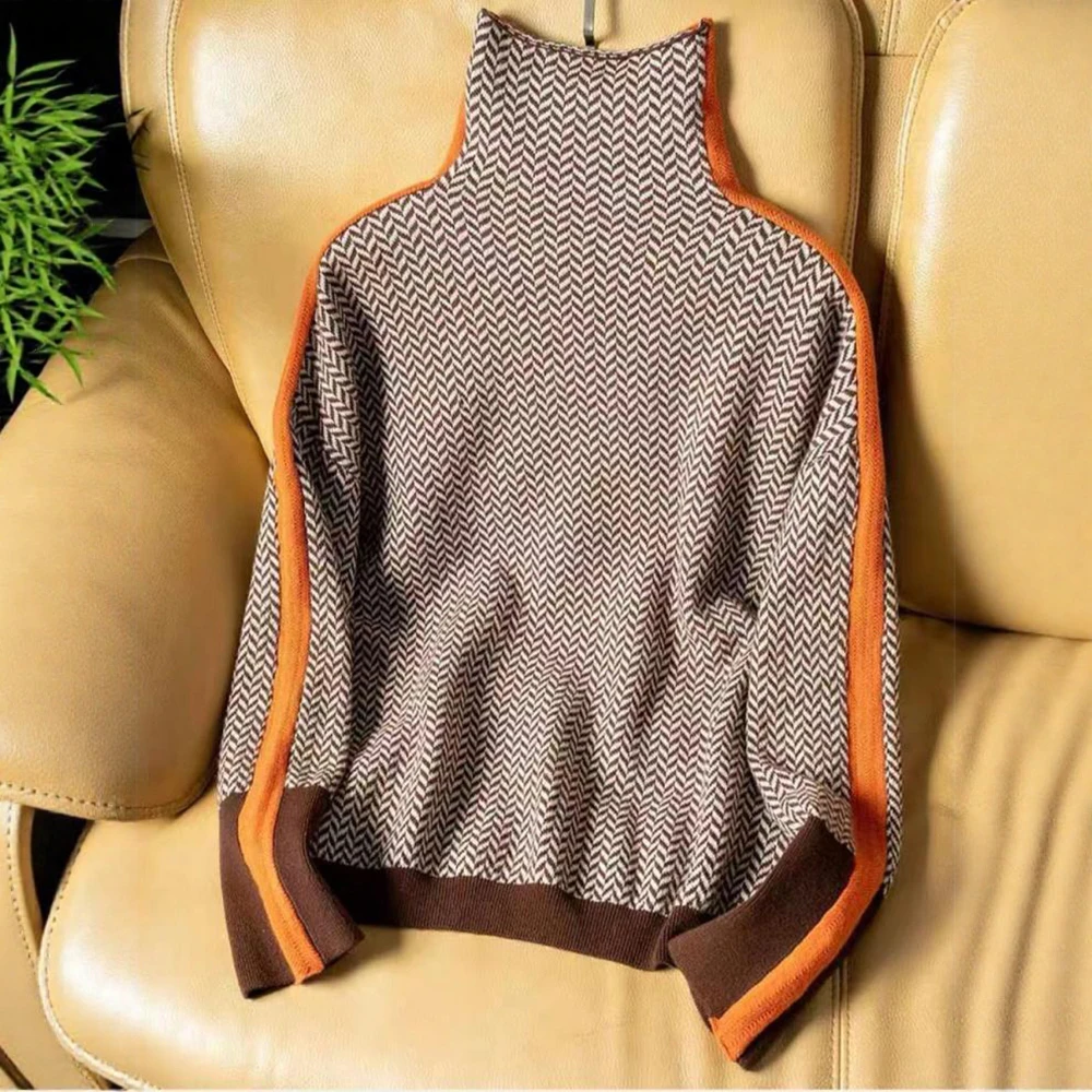 سترة ميا موسى النسائية المرقعة 2025 مريحة وأنيقة بنمط houndstooth وكتلة ألوان متباينة وأكمام طويلة بلوفر فضفاض بياقة مدورة