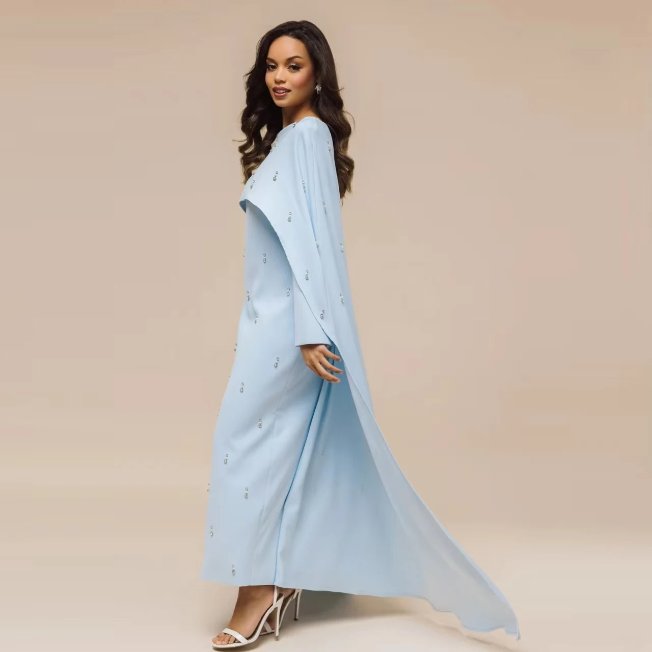 Faionable pure kleur kralen gewaad en Dr set Midden-Oosten nieuwe Sle lange Sve Midi Dr tweedelige set voor dames