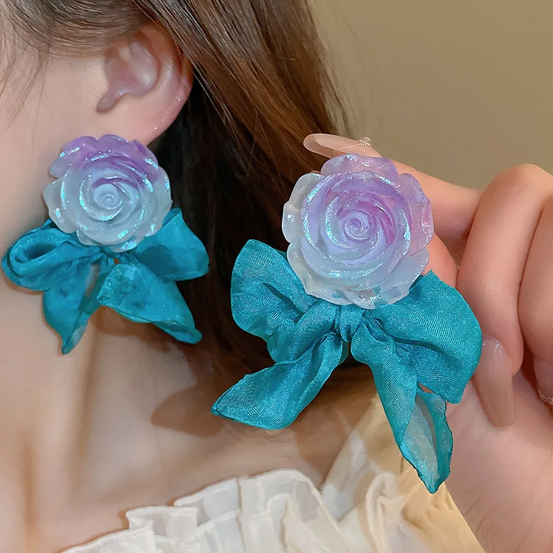 

Woman Lady Romantic Bohemia Blue Acrylic Flower Chiffon Dangle Earrings Gift , Ear Accessory Set