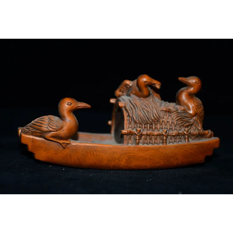 

5.9" Chinese Box-wood Carving Lovable Animal Three Sea Eagle Fishing Boat Statue Craft Gift Decoration Home Decore