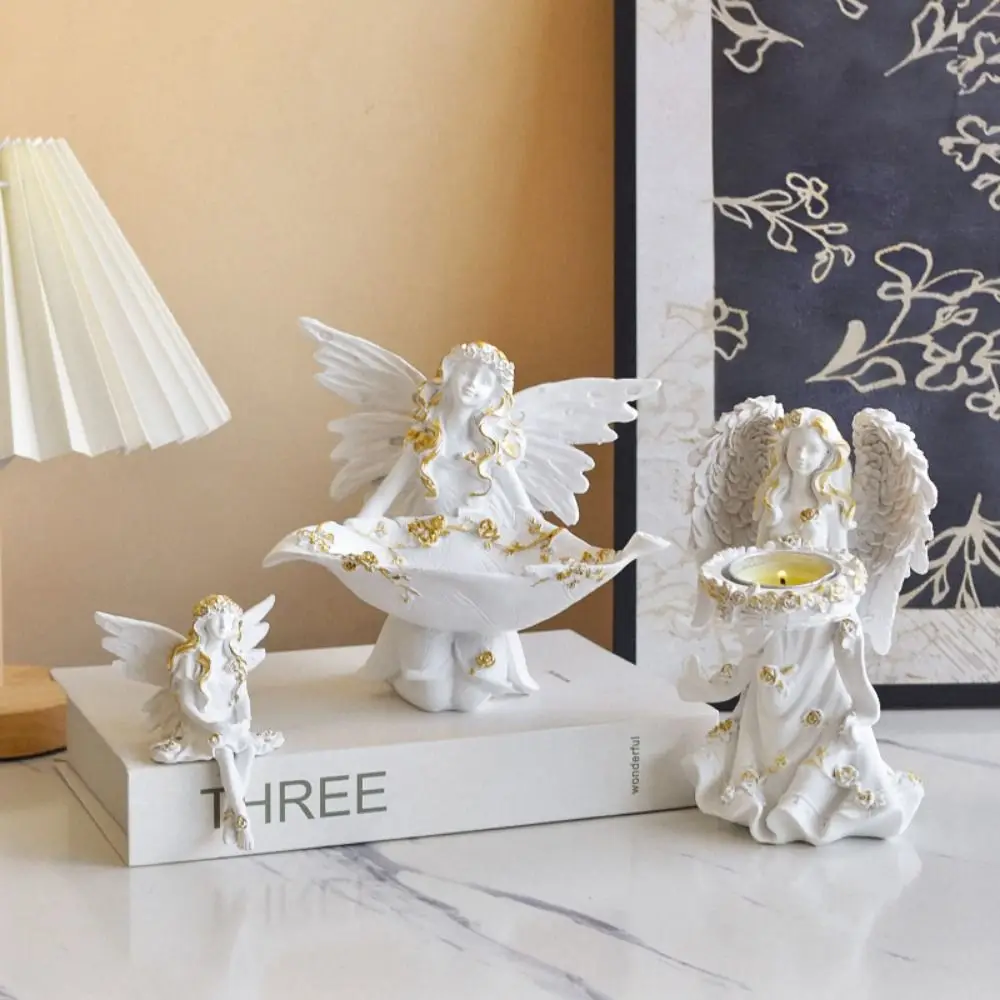 Nordic Cartoon Guardian Angel Figurine Light Luxury Cute Resin Angel Statue Handmade Flower Fairy Candle Ornaments Wedding Party