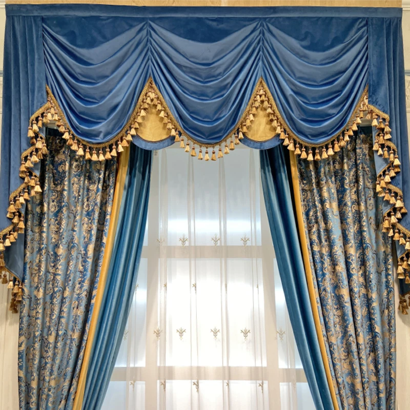 Custom Upscale European blue engraved flannelette bedroom shading velvet cloth valance blackout curtain tulle drape C2024