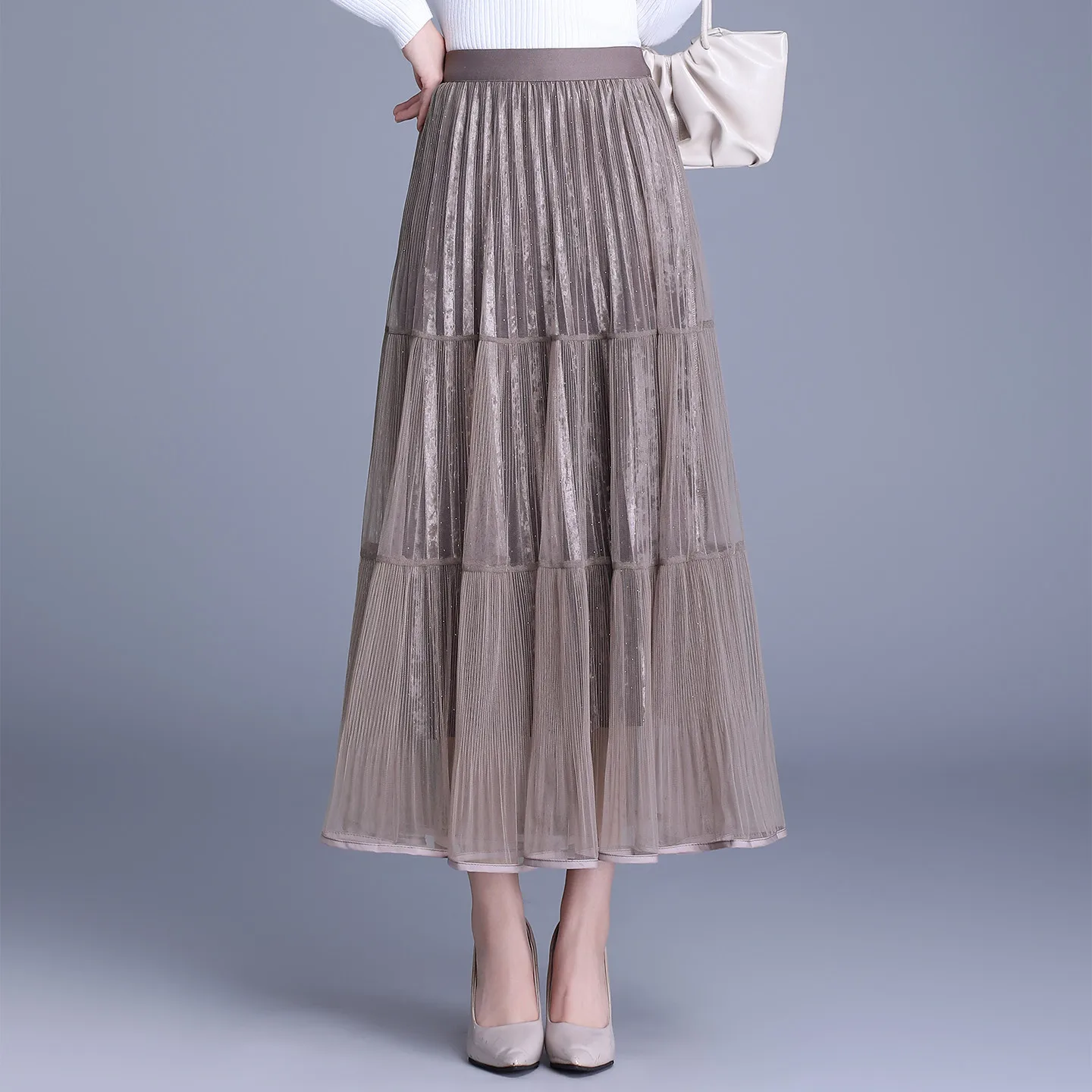 

iny Diamond Velvet f Skirt Women's Spring Autumn Winter Elastic Waist Double Sided Wear A-Line Pleated Long Skirt