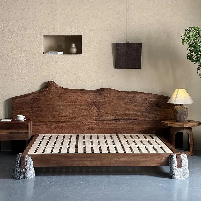 

Solid wood double bed, master and secondary bedrooms, tatami mat bedroom, hotel, weathered wood and stone floor-length bed