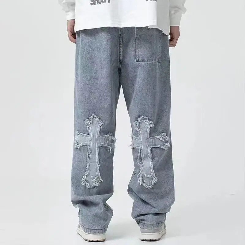 Fashion Cross Jeans for Men Hip Hop Streetwear Straight Loose Vintage High Street Cross Patch Man Baggy Denim Wide Leg Trousers