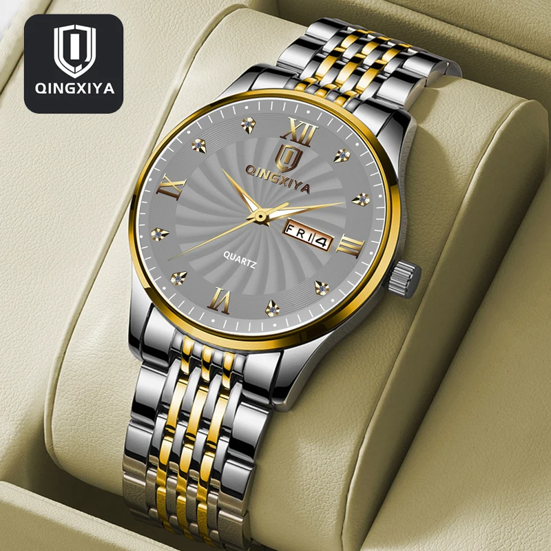 

QINGXIYA Mens Watches Top Brand Luxury Stainless Steel Quartz Watch for Men Waterproof Luminous Week Date Fashion Wristwatch