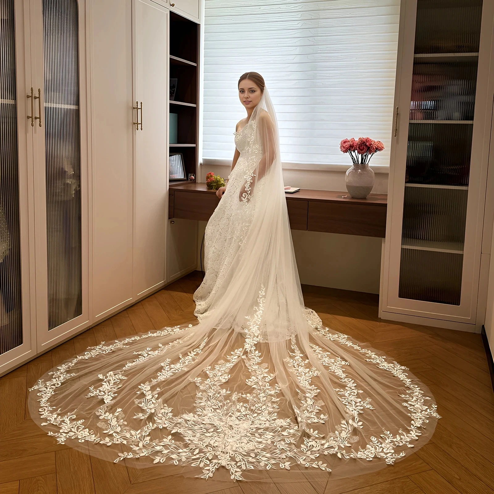 

High Quality Lace Wedding Veil 3M 4M Cathedral White Bridal Lace Veil Wedding Accessories With Comb Customizable