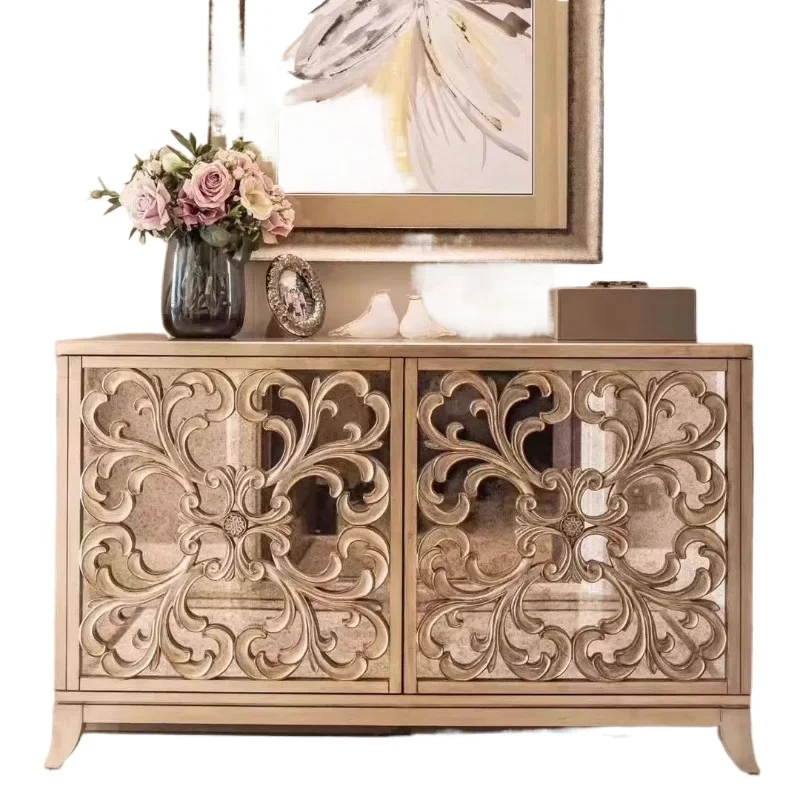 

French dining side solid wood retro carving old living room side cabinet American entrance cabinet European cabinet