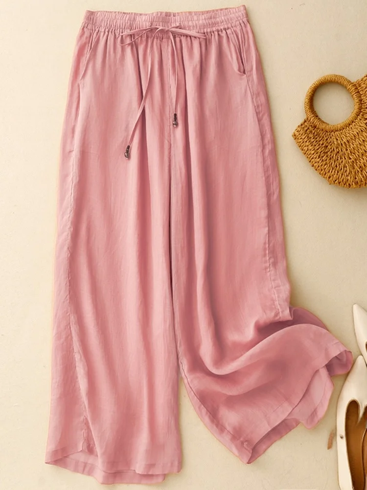 

Женские летние тонкие брюки из льна с широкими штанинами, однотонные, двухслойные, драпированные, повседневные, укороченные (7/8)