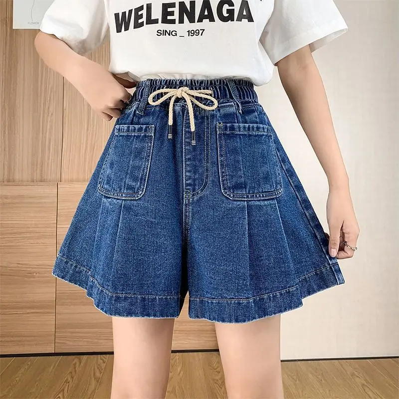 

Casual All-Match Denim Shorts for Women Elegant High Waist Lace-Up Shorts Woman Fashion Cowboy with Pockets Wide Leg Pants Q742