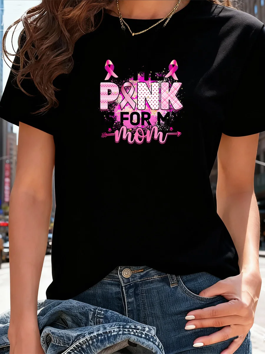 تي شيرت أسود قصير الأكمام "وردي لأمي" للتوعية بسرطان الثدي مع شريط وطباعة حروف #1