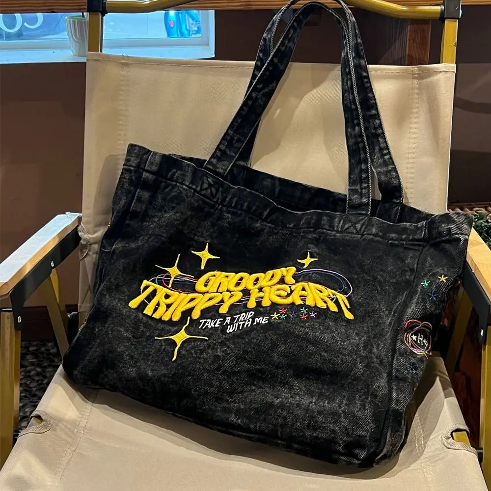 Y2K Denim Canvas Bag Large Capacity Street Style American Vintage Handbag Tote Bag Mommy Bag Letter Embroidery Shoulder Bag