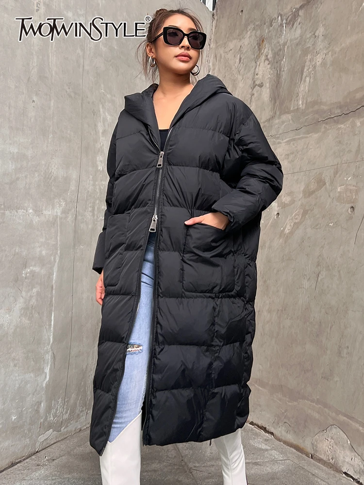 TWOTWINSTYLE Black Puffer Jacket Female Hooded Collar Long Sleeve Solid Minimalsit Zipper Winter Coat For Women Clothing Fashion