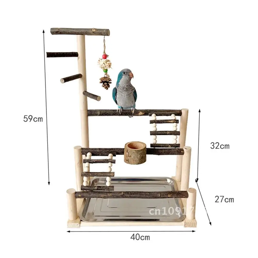 Bird Playground Parrot Natural Wood Perch Stand with Stainless Steel Tray Ladder Feeding Cup For Bird Supplies Accessories