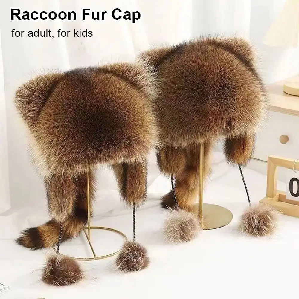

1Pcs Durable Thickened Raccoon Fur Cap with Fur Balls Warm Bomber Pom Hat Fashion Ushanka Winter Hat for Adult