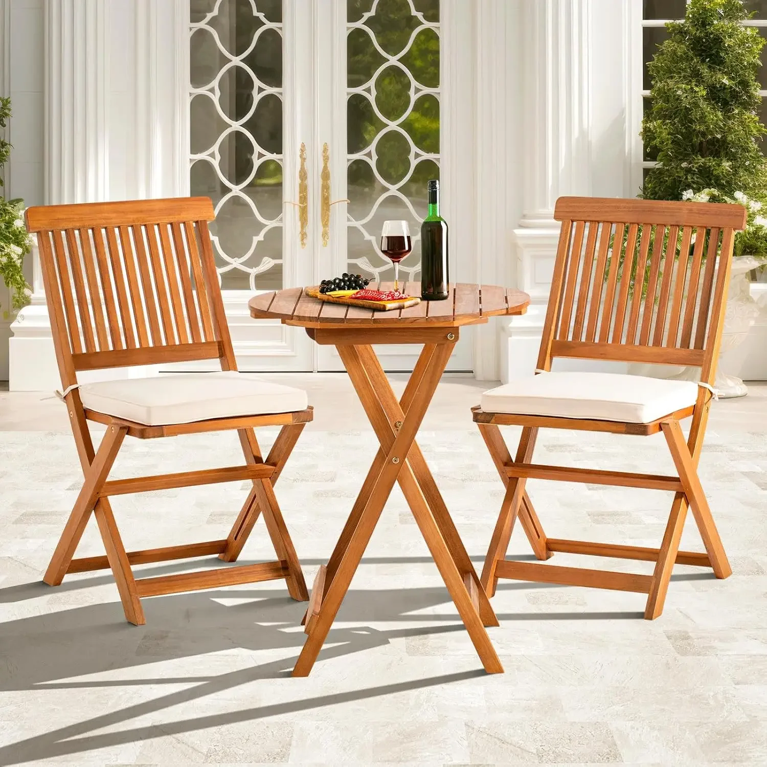 

Round Table Heavy Duty 400lbs Capacity Patio Bistro Set 3 Piece Outdoor, Folding Chairs w/Cushion