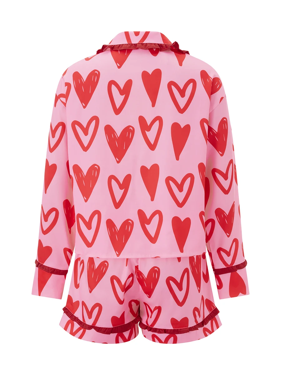 Set da salotto da donna per San Valentino con camicia a maniche lunghe e pantaloncini con stampa a cuore, set di indumenti da notte in rosso