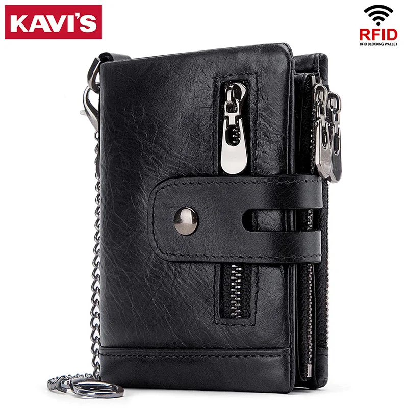 KAVIS 100%Genuine Leather Wallet With Cowhide Casual For Men Money Card Holder Purse Short Double Zipper Coin Bifold Pocket RFID