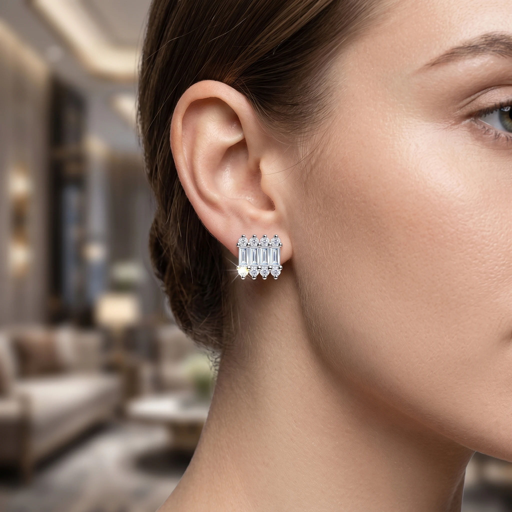 

925 Sterling Silver Rectangular-Cut Moissanite Stud Earrings, Set with D-Color, VVS1 Lab-Grown Diamonds, Women's Style