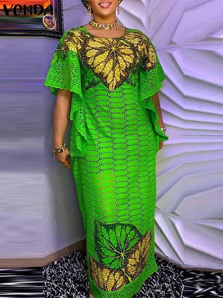 VONDA Bohemian Long Maxi Dress Women Printing Sundress 2024 Vintage Short Sleeve Party Vestidos Casual Loose Robe Oversized