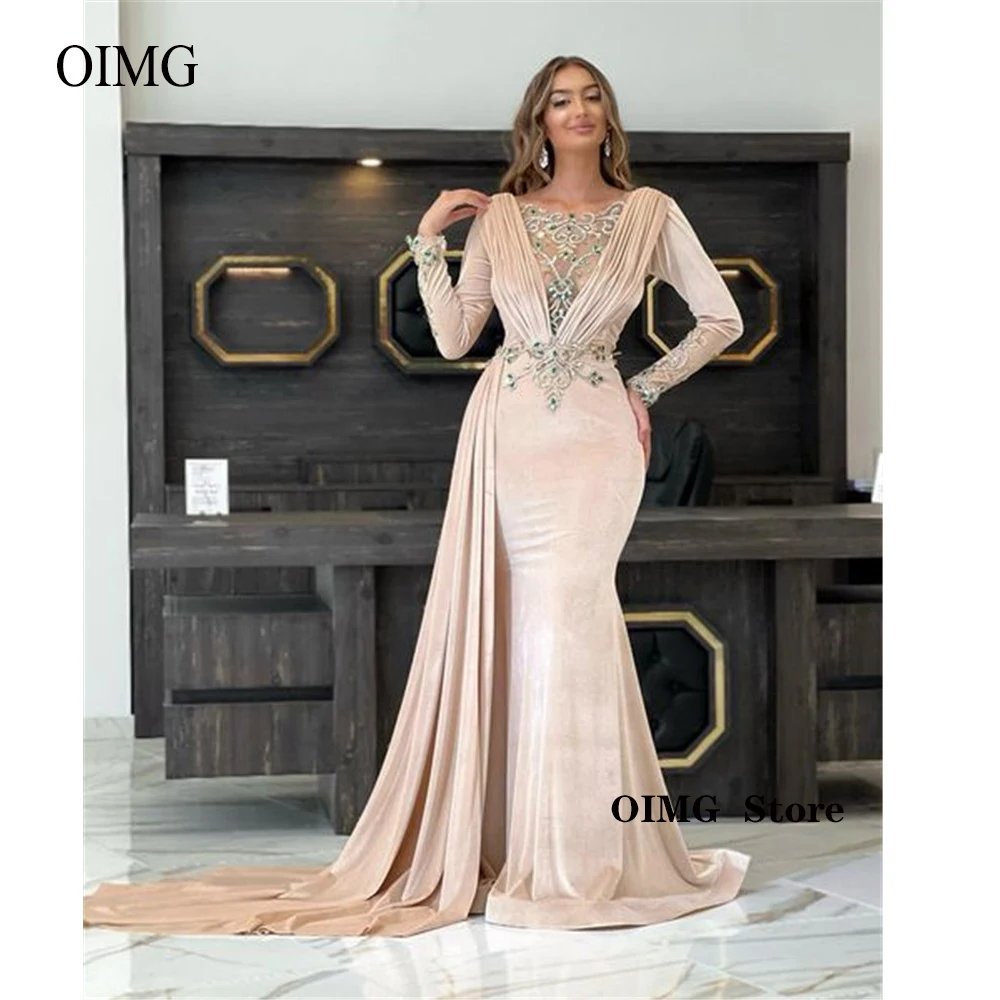 

OIMG Arabic Women Long Sleeves Velvet Evening Dresses Applique Stone Crystal Overskirt Formal Prom Gowns Event Party Dress