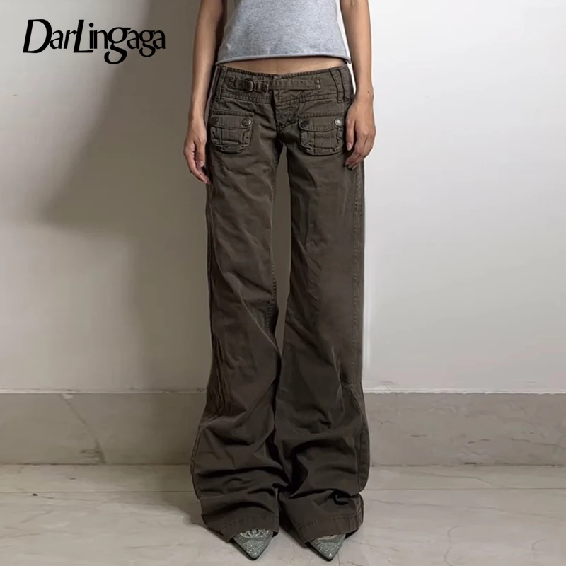 Darlingaga Vintage Low Waisted Pockets Distressed Women Jeans Straight Leg 2000s Aesthetic Denim Trousers Boot Cut Pants Outfits