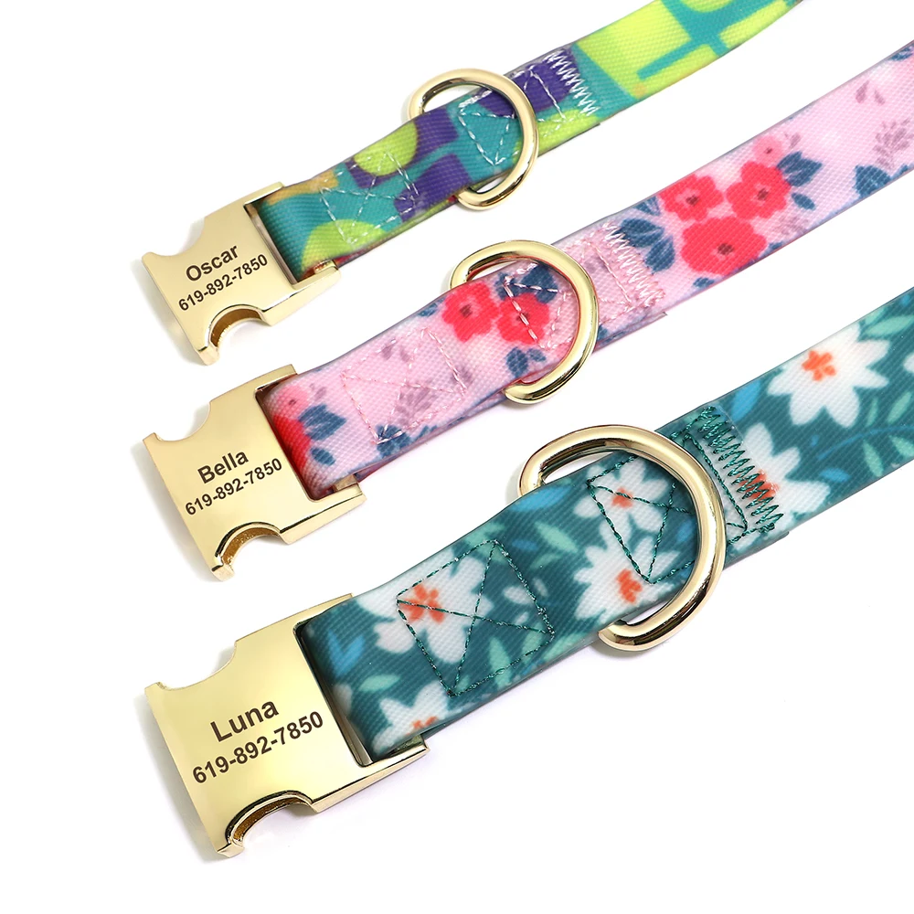 Personalized Waterproof Dog Collar Flower Print PVC Puppy Collars Custom Pet ID Collars For Small Medium Large Dog Chihuahua Pug