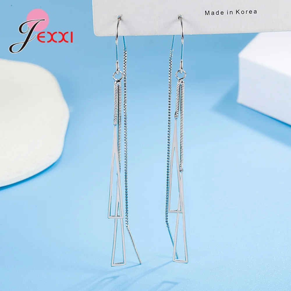 Hot Sale Genuine 925 Sterling Silver Geometry Hollow Triangle Long Earrings For Women Girls Fine Female Silver Jewelry Gift
