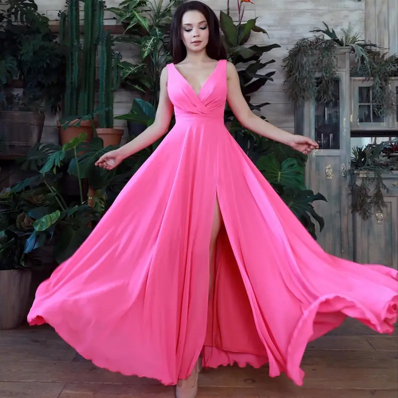 Elegantes Chiffon-Abendkleid, Korsett-Mieder, drapiert, V-Ausschnitt, Schnürung hinten, hoher Schlitz, Damenmode, elegantes Kleid