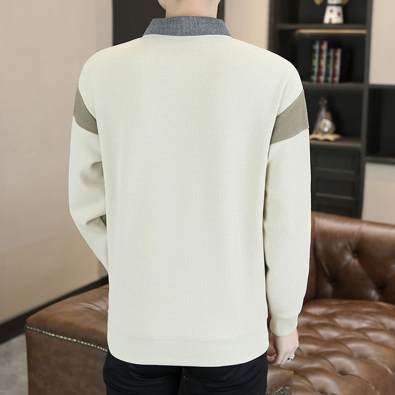 2024 Fall Winter New Fashion Casual Korean Sweatshirt Men Fake Two Piece Shirt Collar Sweatshirt Men Print Long-sleeved Pullover