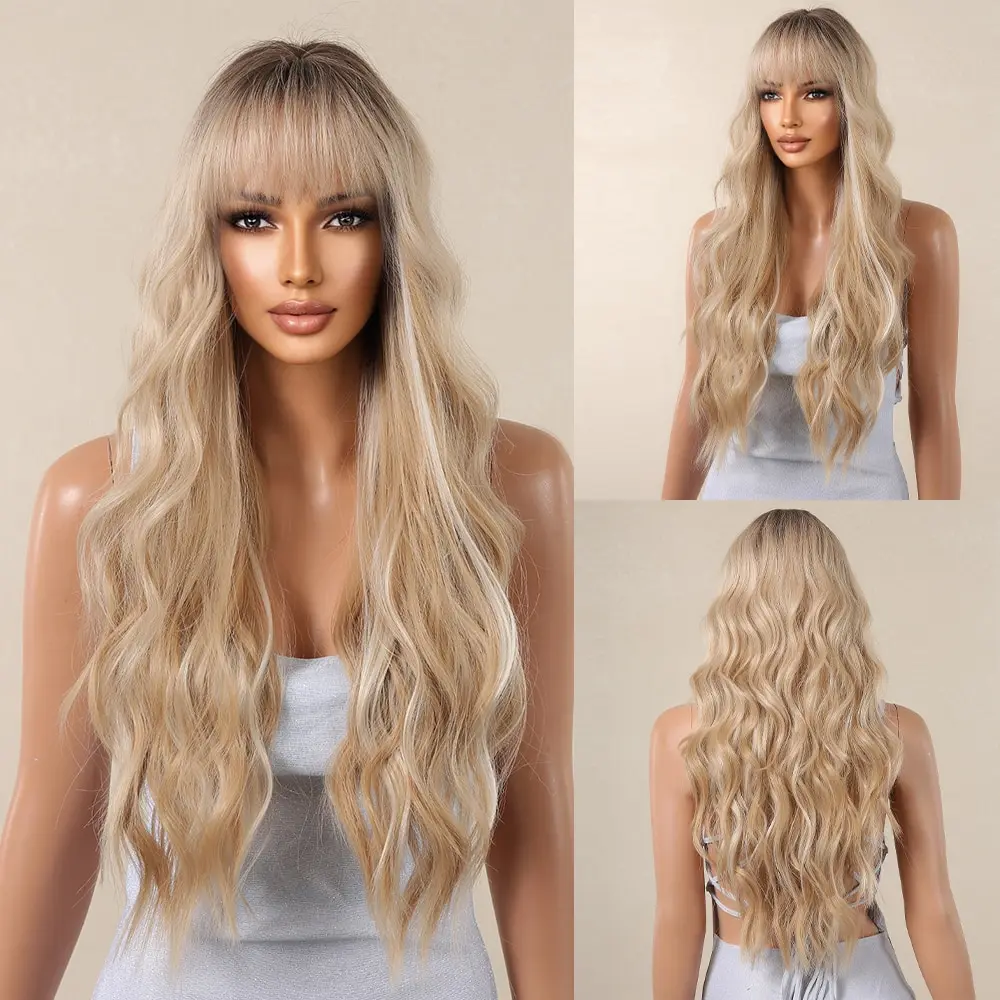 

Blonde with Brown Roots Long Wavy Synthetic Wigs for Women Natural Wave Wigs with Bangs Heat Resistant Daily Use Cosplay Hair