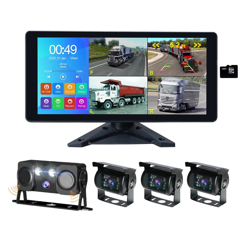 10.36 Inch Split Touch Screen Backup Truck Camera Monitor Kit System Back Parking Sensor DVR Carplay Android Auto