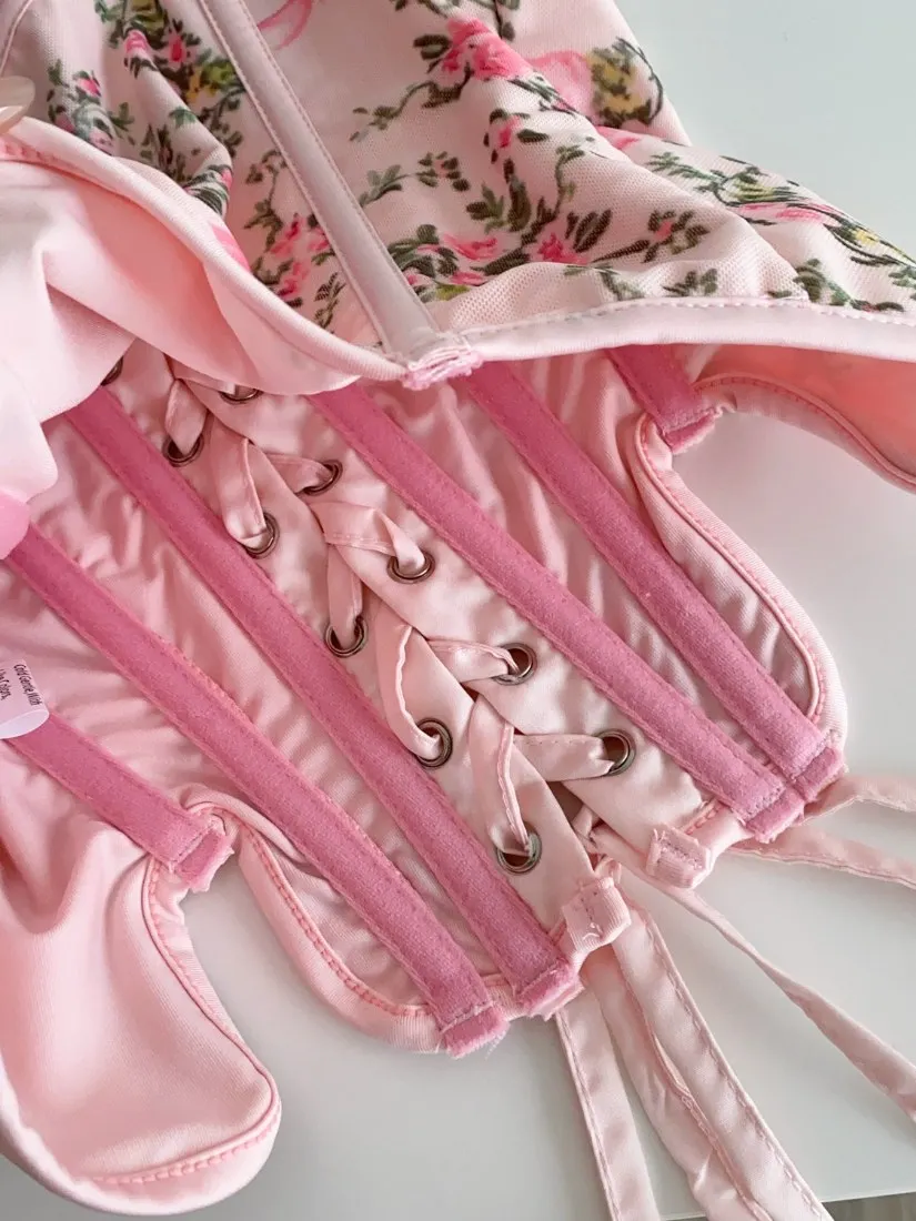 Foamlina Trendy Floral Halter Strap Bandeau Vest Camisole Summer Tie Up Boning Cinched Waist Sweet Spicy Outer Corset Tanks