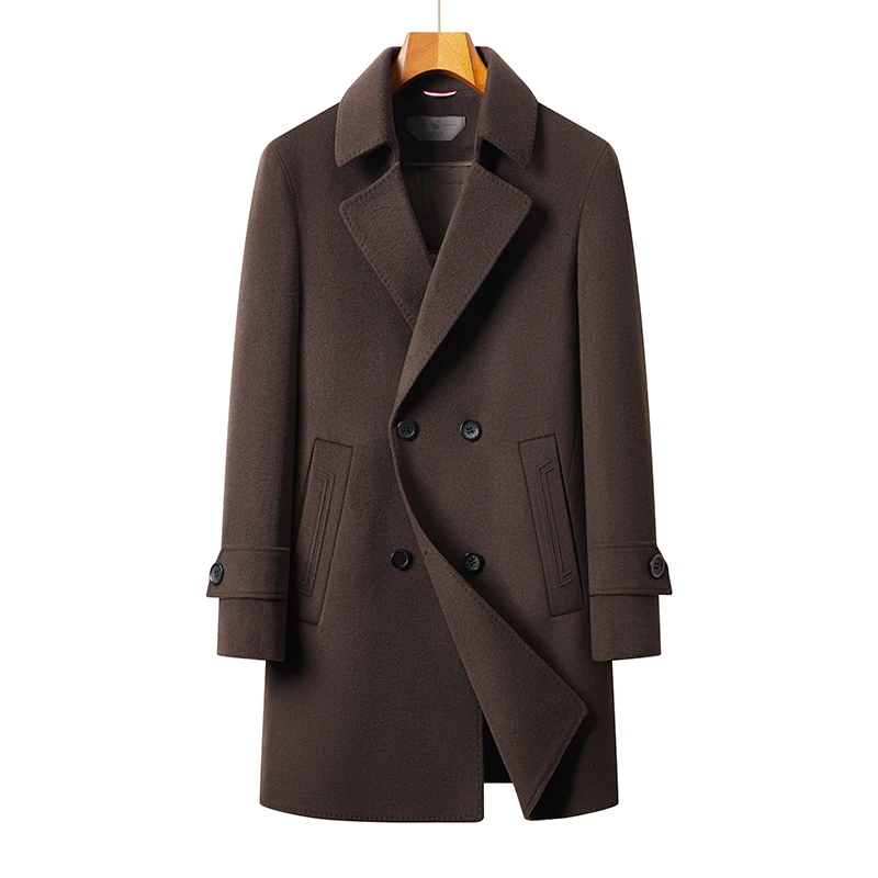 

Subtle Luxury Men Elegant Cashmere Overcoat Black Coffee Double Breasted Design Basic Coat Goose Down Vest Lining Topcoat Winter