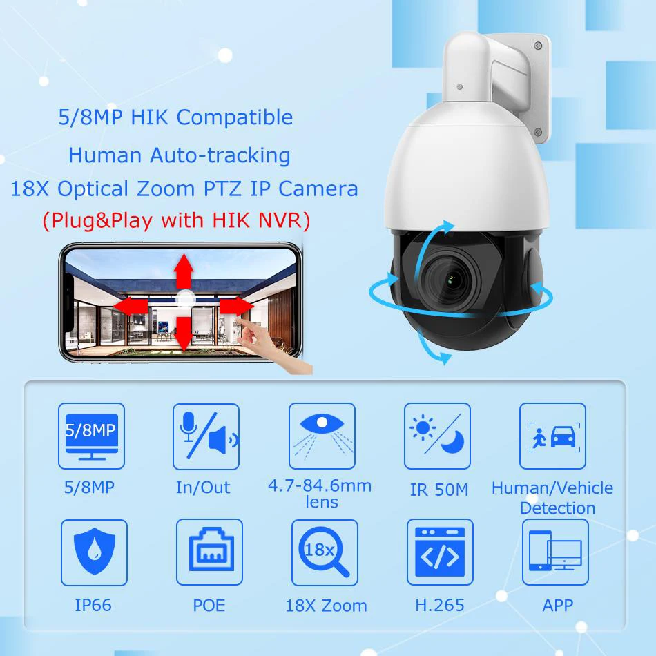 Hikvision Compatible 8MP 5MP 18X PTZ Speed Dome IP Camera Auto-tracking Security Surveillance Camera Plug&Play HIK NVR