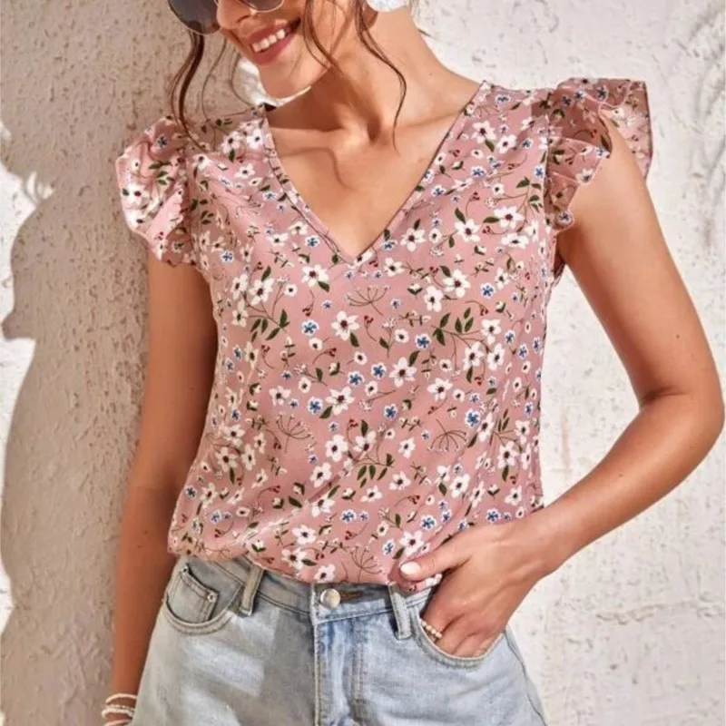 

2025 Summer New Women's V-neck Floral Print Trumpet Short Sleeved Shirt Without Pockets Loose Fitting Sweet And Fresh Style