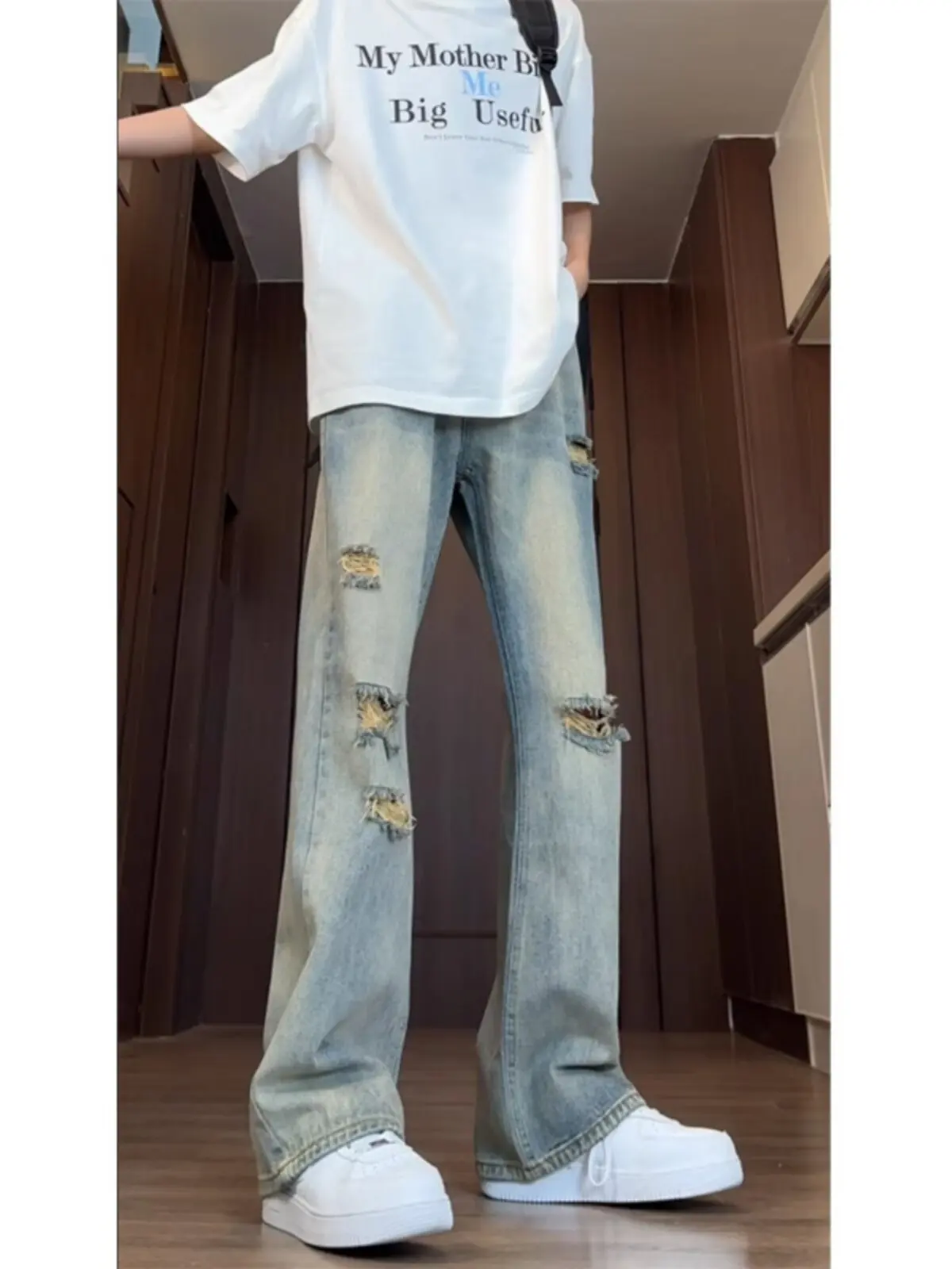 Retro American Men's Denim Jeans Summer High Sensation Washed Straight Leg Micro Flared Pants Torn Casual Youth Fashion