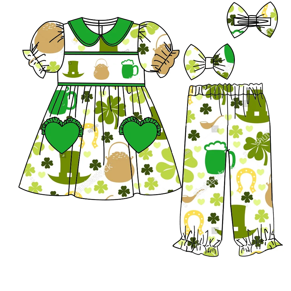 St. Parker's Day Boutique Children's Set Short Sleeve Elastic Clover Hat Print Skirt Pocket Trousers Elastic Girls Set