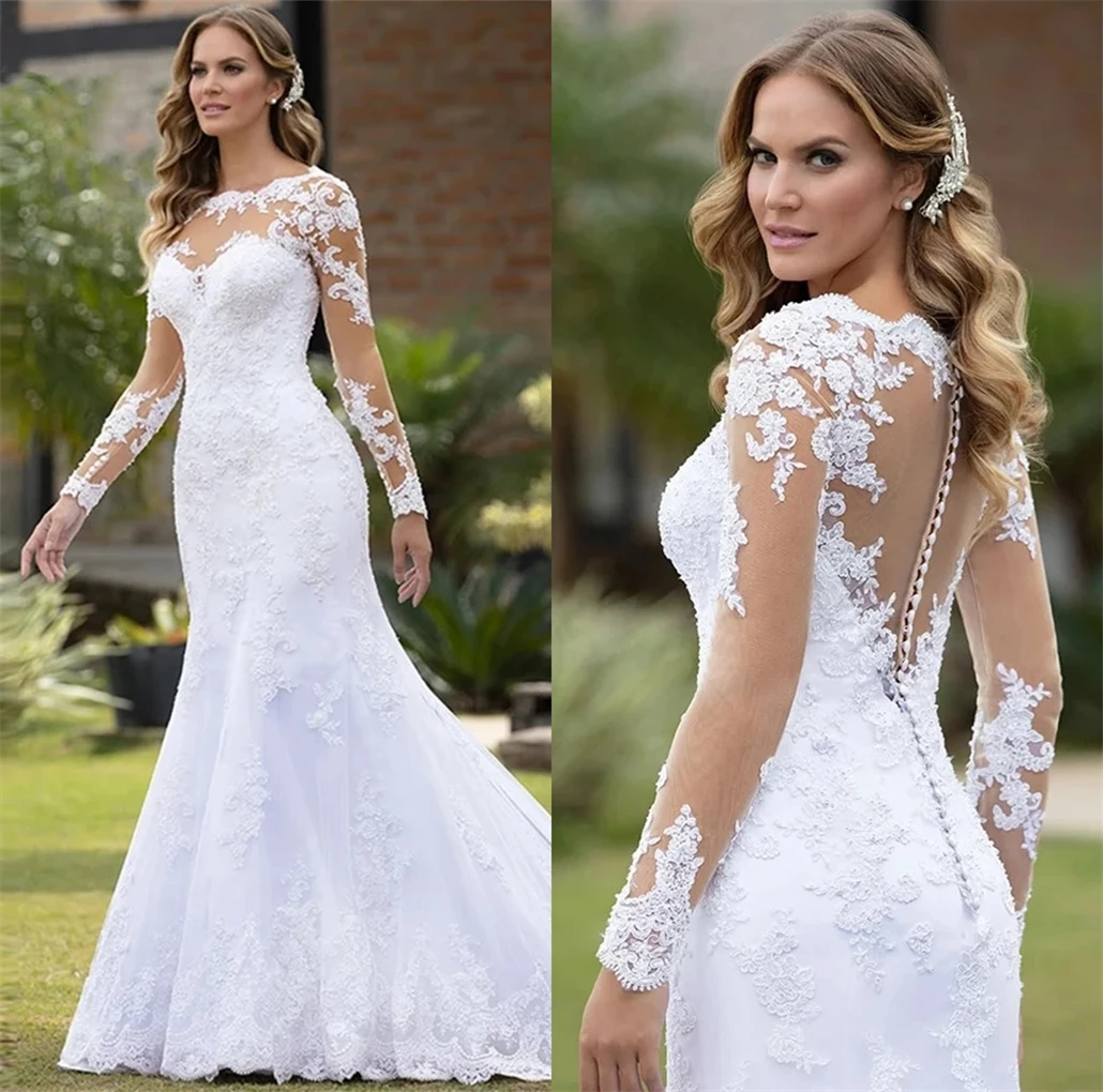 Abiti da sposa a sirena con illusione sexy Applicazioni in pizzo Robe De Mariée Abiti da sposa da sposa Abiti da sposa senza schienale personalizzati