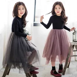Autumn and Winter Long Sleeved Girls' Dress Children's Fluffy Gauze Skirt Mid To Large Kids Clothing Performance Princess Dress