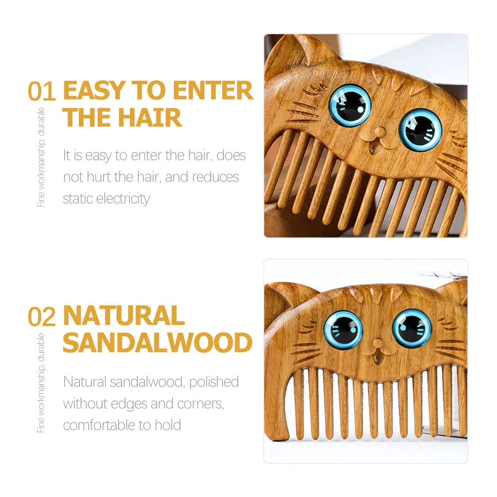 

2 шт. деревянных расчесок из зеленого сандалового дерева, мелко зубчатые, в форме кошки, для укладки, легкие, карманного размера, для бороды и волос