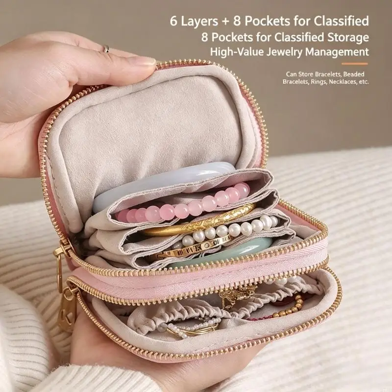 Jewelry Storage Travel Case Having Several Compartments For Earrings Necklaces Rings Crafted From Soft Polyester Fabric 37JD