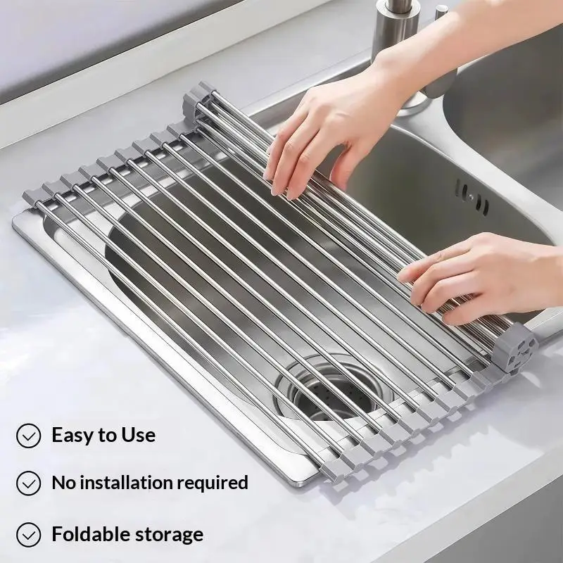 Roll-Up Sink Dish Drying Rack, Foldable Stainless Steel Over-Sink Drain Basket and Heat-Resistant Mat