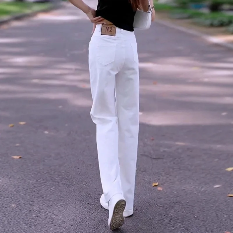 Белые джинсы для женщин, весенне-осенние повседневные брюки, модные универсальные простые свободные широкие брюки для поездок на работу