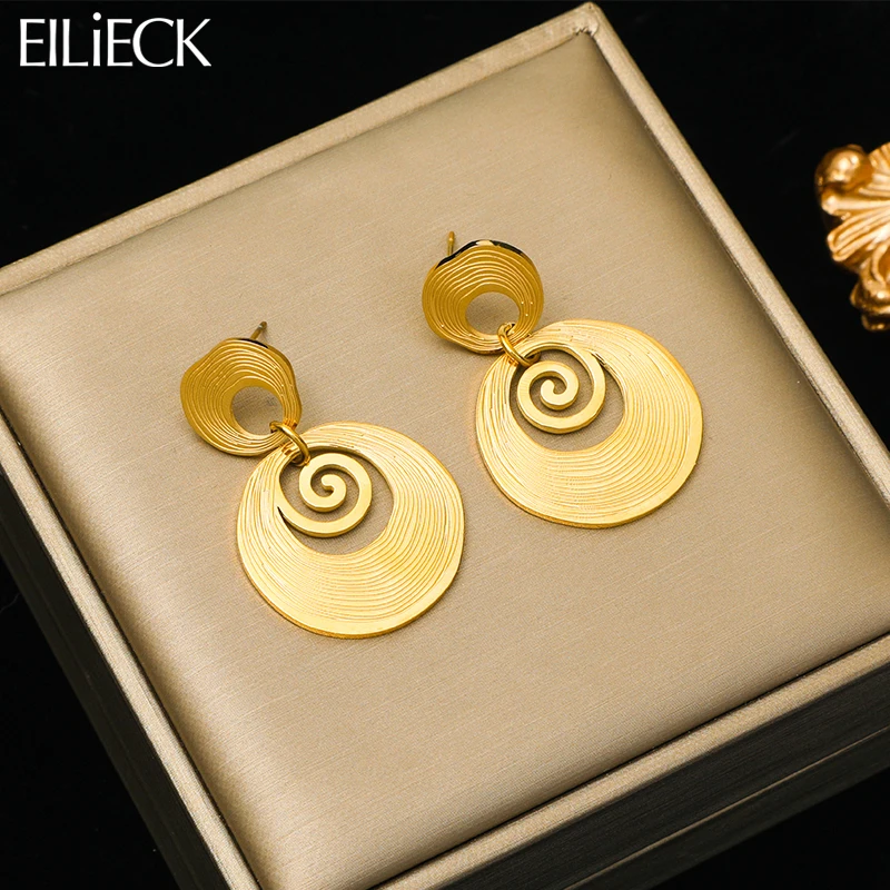 EILIECK 316L Stainless Steel Round Tree Whorl Pattern Earrings For Women Fashion Gold Color Ear Jewelry Gift Party Free Shipping